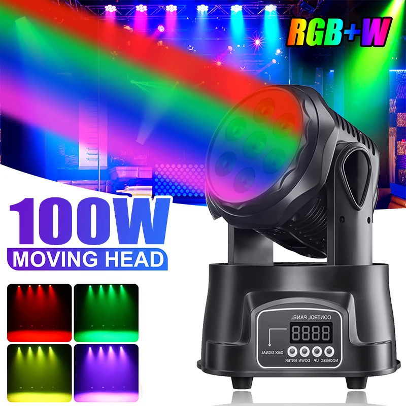 2024 100W Beam Moving Head Lights 360° Rotation 7x10W RGBW LED DJ Stage Lights DMX512 Spot Lights For DJ Disco KTV Wedding Party