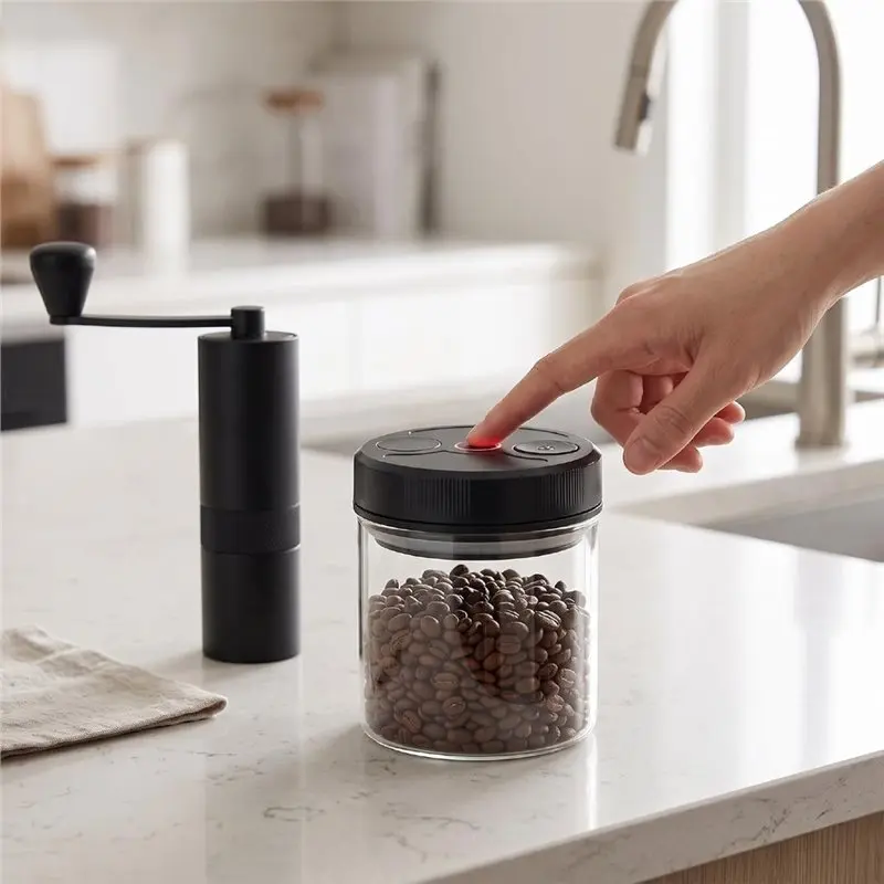 Automatic Vacuum For Coffee Canister 700Ml Air-Tight Seal Airtight For Coffee Beans, Tea, Sugar In Borosilicate Glass