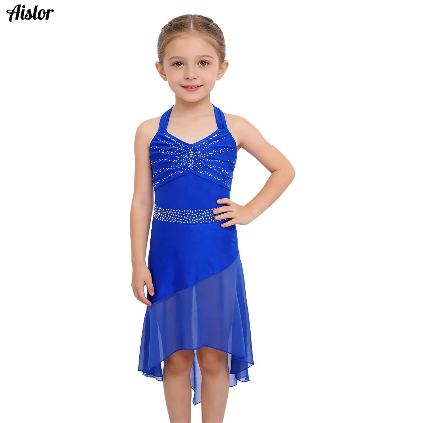 

Kids Girls Latin Dance Dresses Sleeveless Cross Back Shiny Rhinestones Ruched Bodice High-Low Hem Chiffon Dress Skating Dress