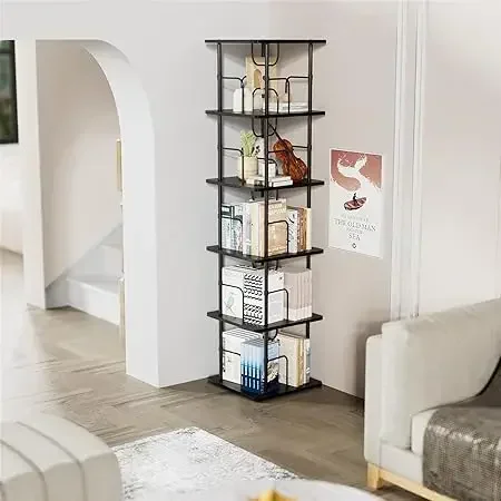 5 Tier Square Rotating Bookshelf, 360 ° Display Stackable Spinning Bookshelf Tower, Space Saving Tall Floor Standing  , Black