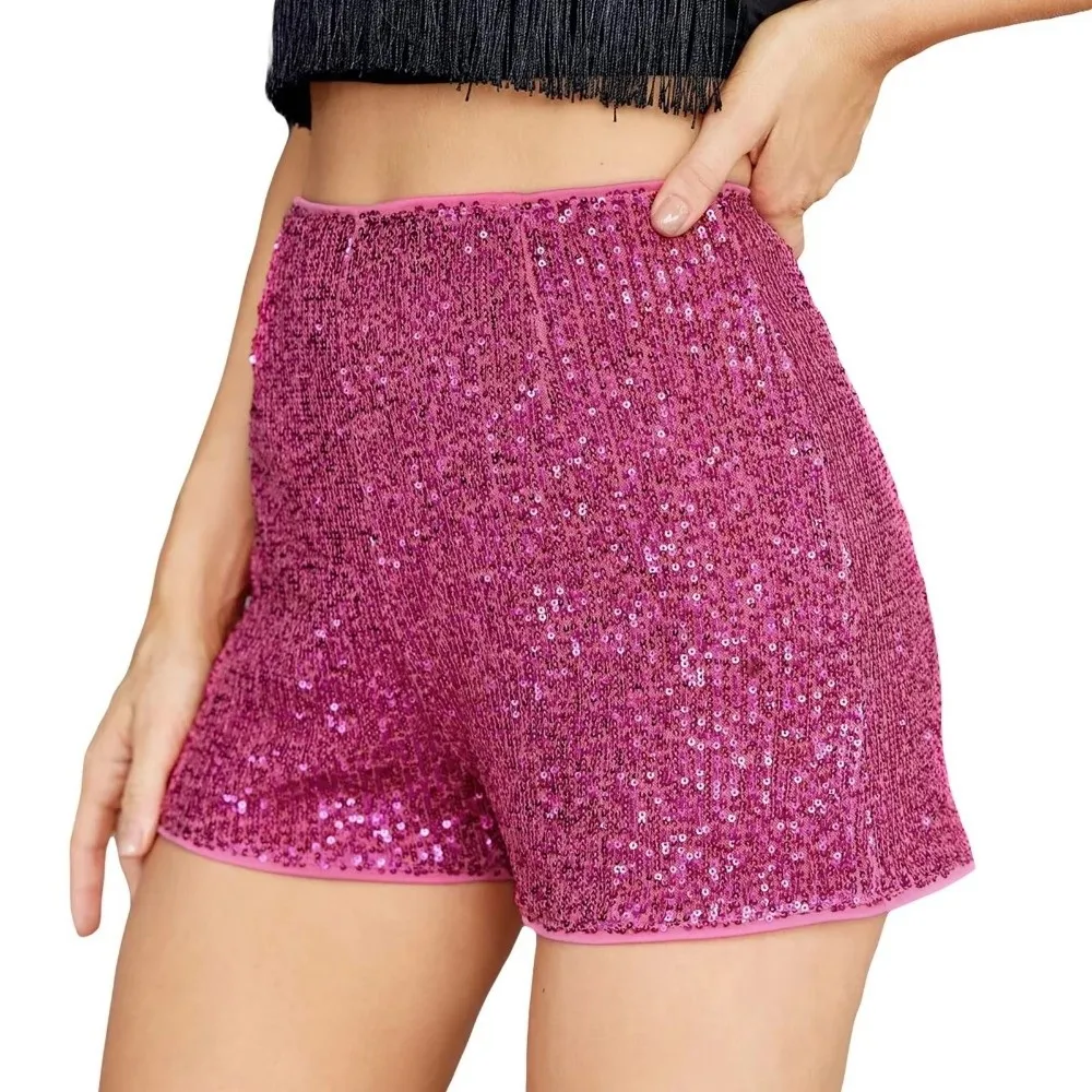 Vintage Y2K Sequin Shorts Cheerleading Team Straight Sprots Shorts High Waist Stage Performance Hot Pants Women