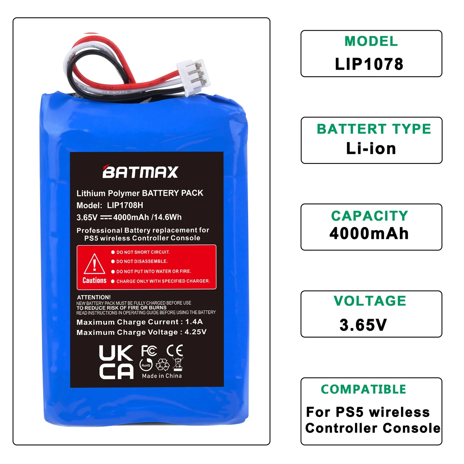 Batmax Rechargeable Battery for Sony PS5 LIP1708  DualSense Game Controllers 4000mAh Higher Power