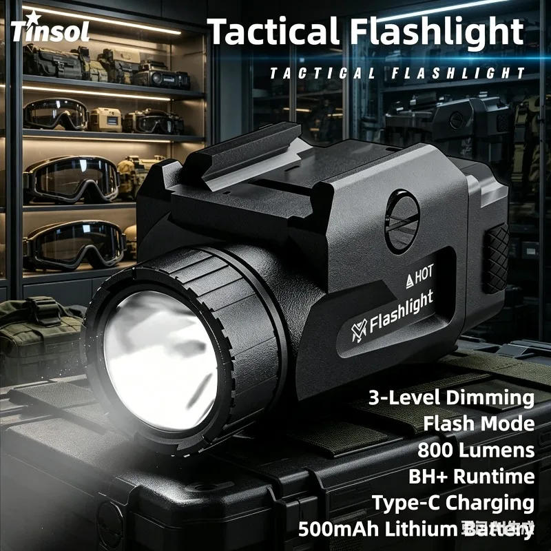 

Heavy Duty TINSOL 800 Lumen Tactical Scout Light 4 Setting USB Charge Quick Mount Handgun Torch 20mm Picatinny Rail Base