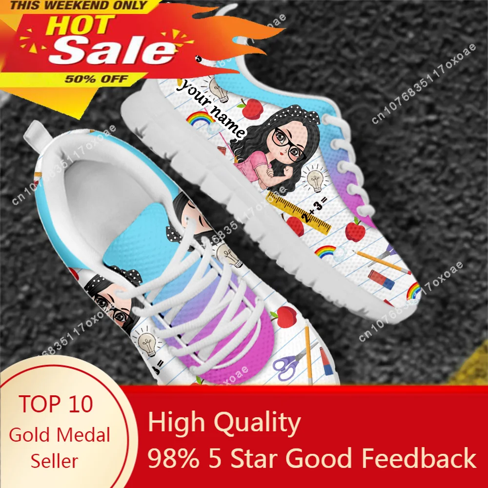 Personalized Cartoon Female Teacher Pattern Women Flat Shoes Casual Sneakers for Ladies Comfortable Lace Up Footwear