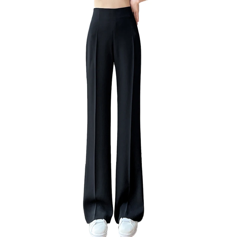 

Women's Summer Draped Cool Silk Pants Simple Straight Long Trousers Elegant Office Lady Black Suit Pants Female Casual Bottoms