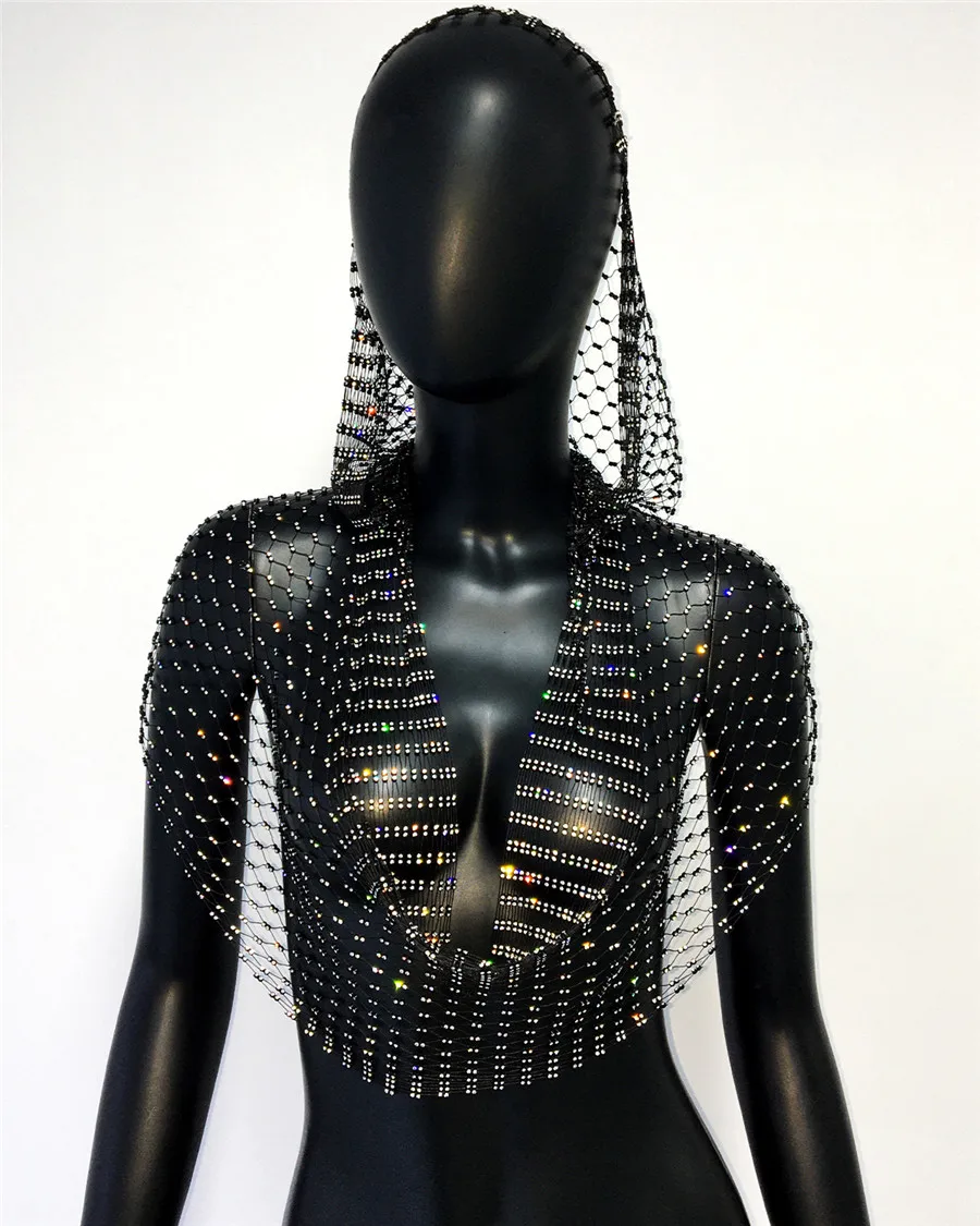 Sexy Deep V Neck Backless Camisole For Women Shiny Rhinestone Hollow See Through Fishnet Hooded Tank Top Rave Festival Crop Tops