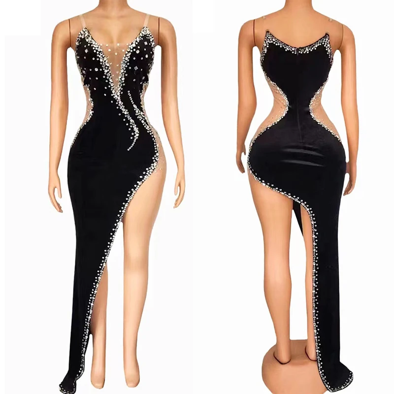 

Sparkly Black Sleeveless Rhinestone Dress Beveled Slit Dress Birthday Celebrate Outfit Costume Prom Evening Dresses XS4004