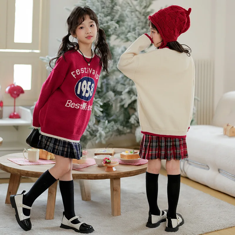 Autumn Winter Junior Girl Clothing Set Teenager Girl Letter Knitted Sweater Pullovers+plaid Pleated Skirt Sets For Children