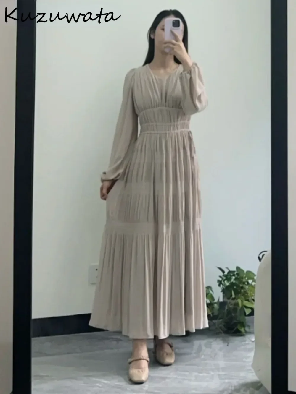 Kuzuwata Gentle O Neck Lantern Sleeve Chiffon Mujer Feminine Elegant Slim Waist Luxury Robe Japan Lace Up Backless Ruched Dress