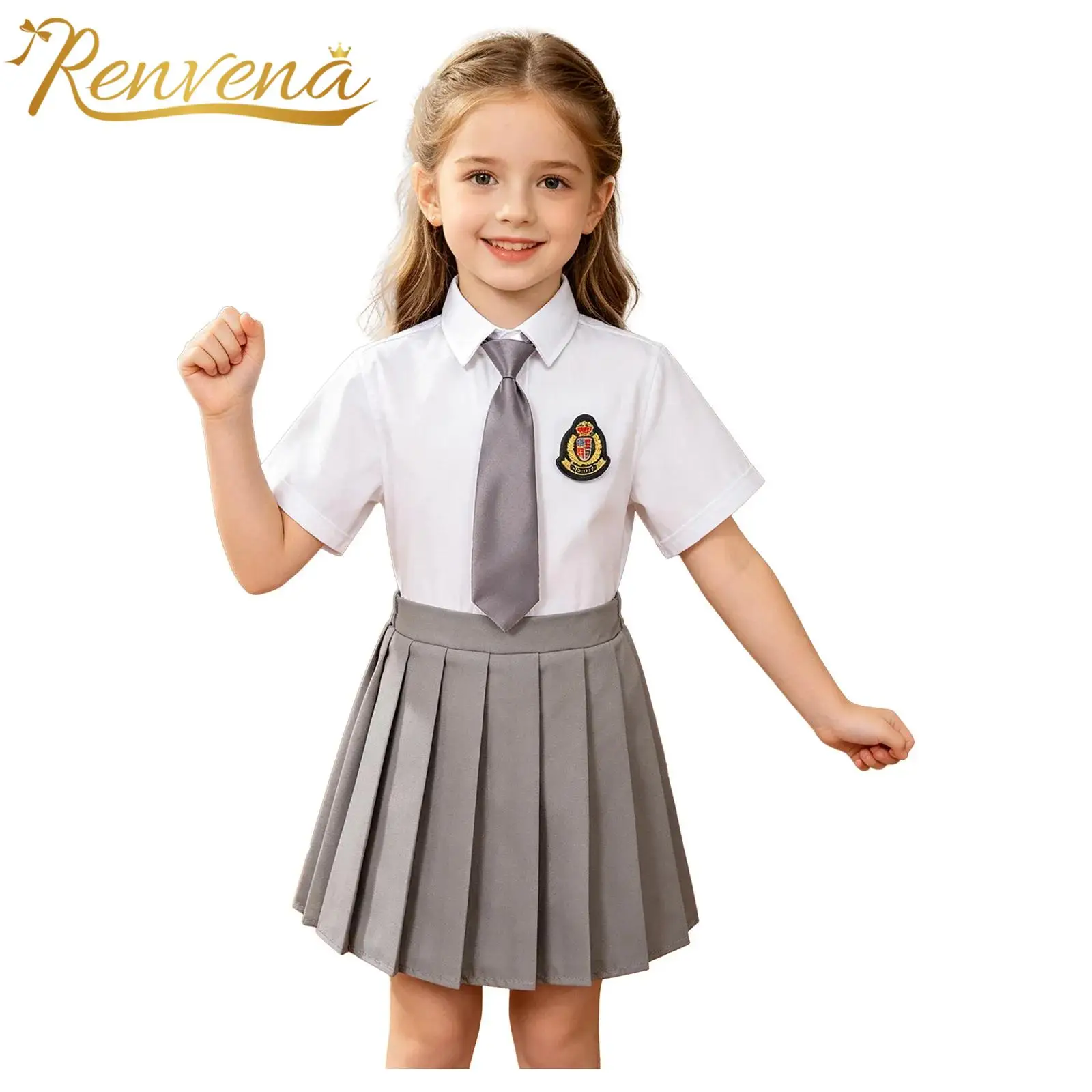 Girls School Uniform Kids Anime Clothes Sets Turn-down Collar Shirt + Pleated Skirt Suits Stage Performance Party Costumes