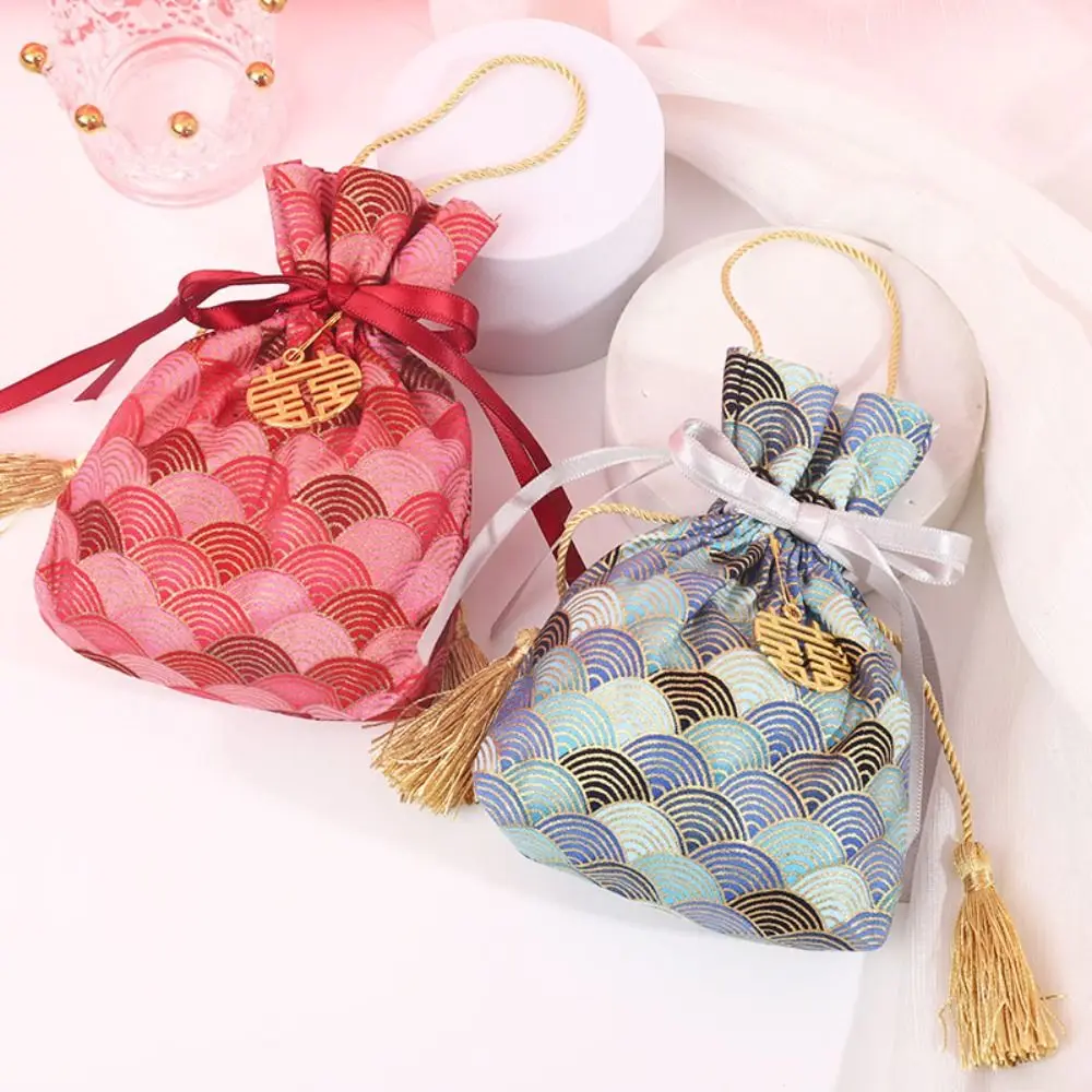 Stripe Ins Bow Tassel Drawstring Bag Satin Bow Cloud Canvas Ribbon Bowknot Handbag Festive Sugar Bag Pearl Pendant