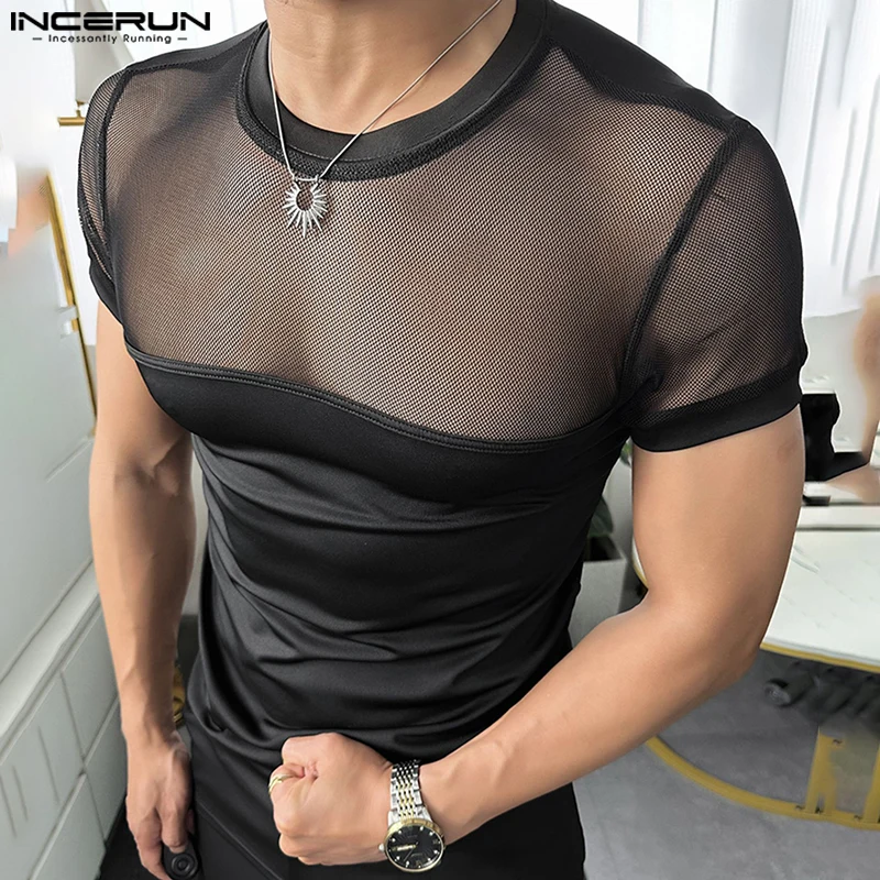2025 Men T Shirt Mesh Patchwork See Through Summer Skinny Men Clothing Streetwear Sexy INCERUN Fashion Party Camisetas Tee Tops