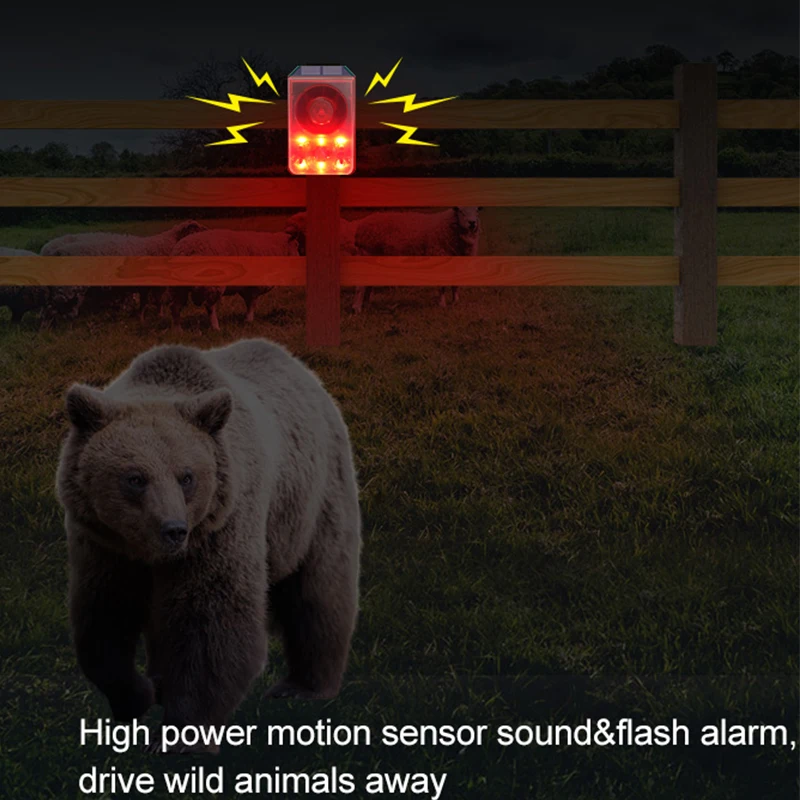 Solar Motion Sensor Alarm Light Animal Repeller Anti-Wild Boar Drive Professional Alarm Anti-Theft Waterproof Siren for Outdoor