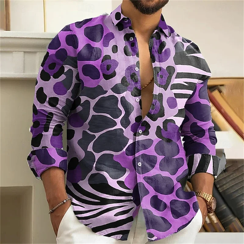 Men's Leopard Zebra Print Shirt Retro Outdoor Casual Holiday Spring and Autumn Lapel 3D Printed Lapel Shirt Blue Purple Tops
