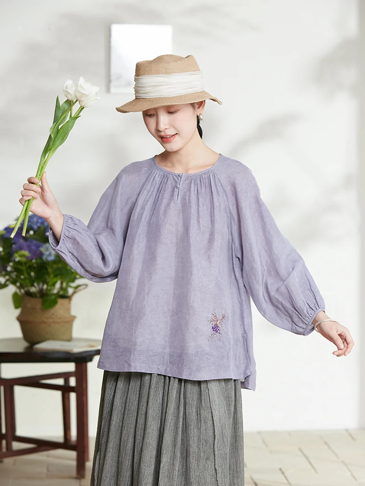 

Летний топ ручной работы с вышивкой из шелка и конопляной ткани, с длинными рукавами и круглым вырезом, универсальный, в тон, оригинальный дизайн от Pudi