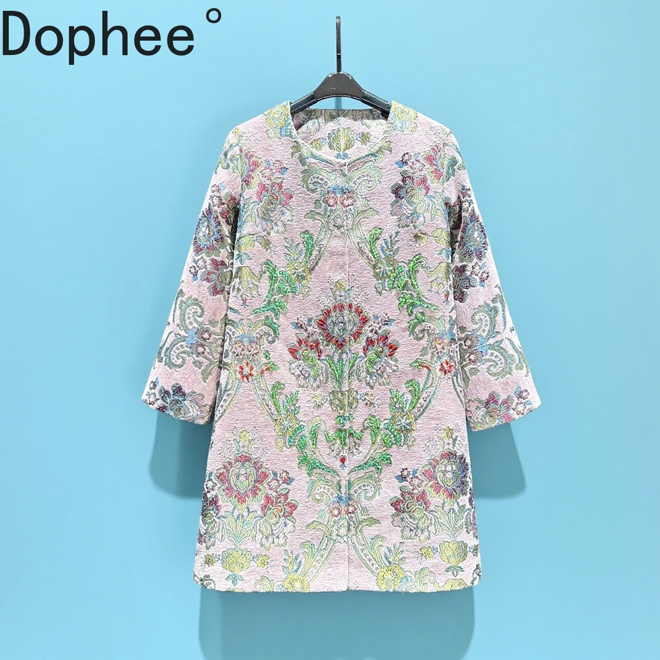 

High Quality Vintage Jacquard Pink Trench Coat Elegant Autumn Female Overcoat Luxury Diamonds Beads O-neck Mid-long Windbreaker