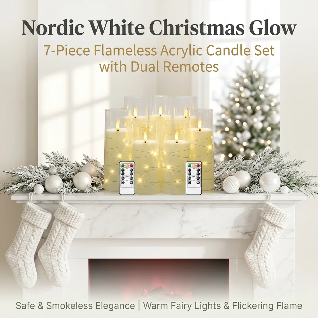 7Pcs White Flameless Candles Embedded Star String Battery Operated LED Pillar Candle For Wedding Christmas Home Ambiance Decor