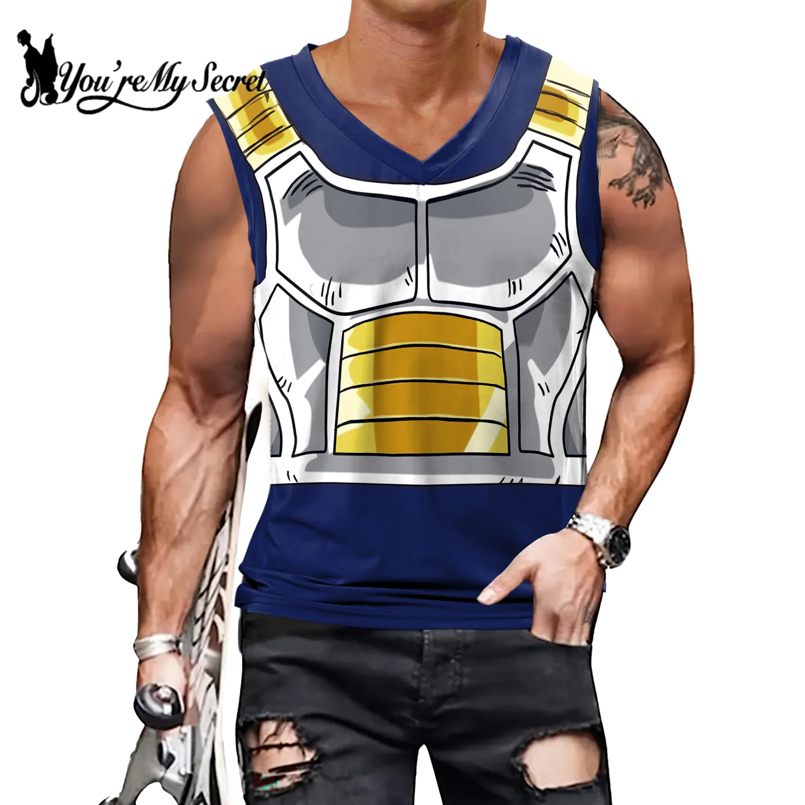 [You're My Secret] Japanese Anime Superhero Cosplay V neck Vests Men's Fitness Gym Muscle Printed Compression Costumes Tank Tops