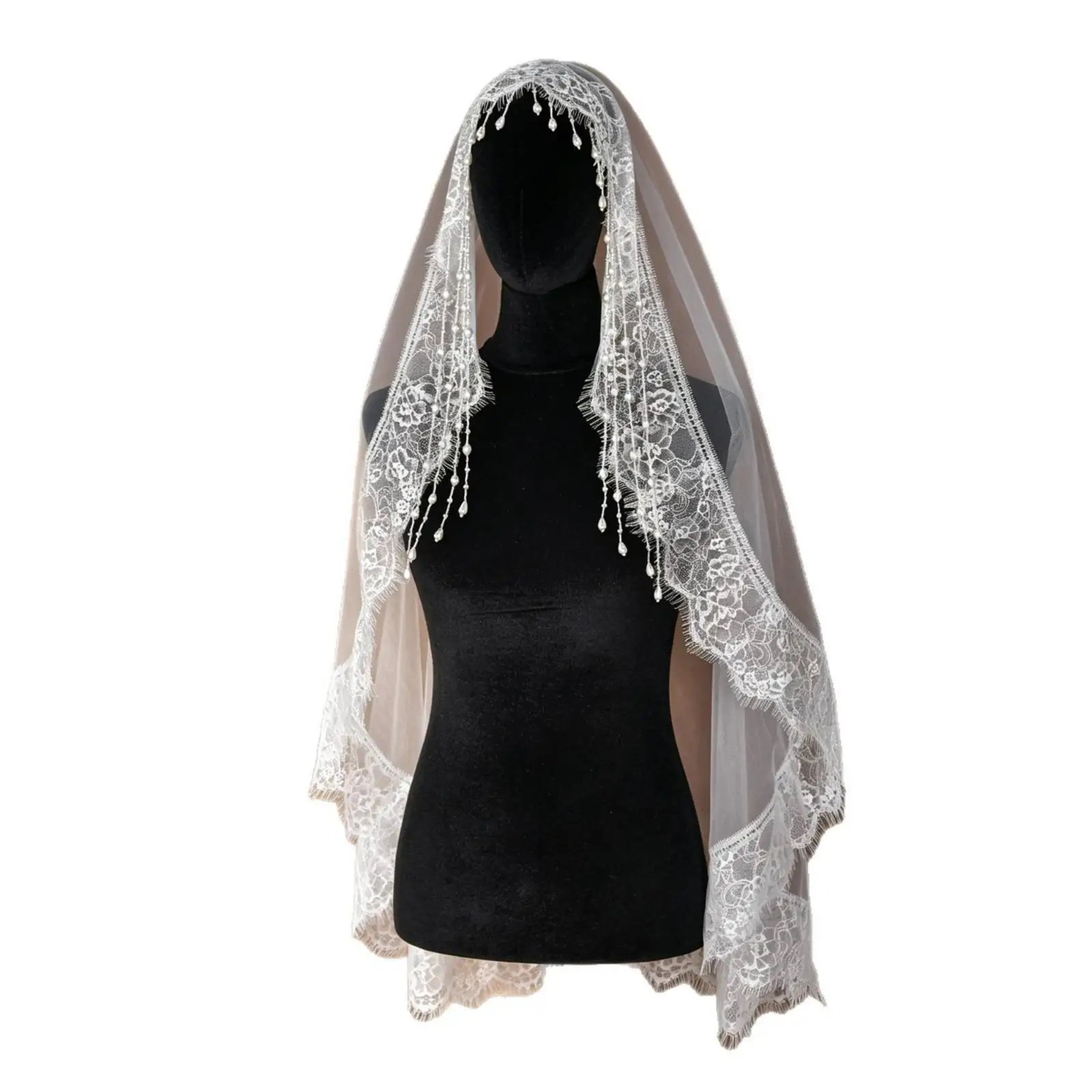 Pearl Adorned Wedding Veil for Bride Ivory Lace Trim Double Layer for Ceremony Elegant Drape