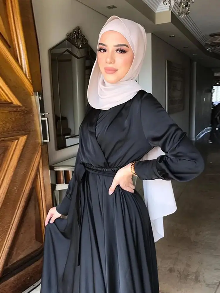 Ramadan Eid Mubarak Satin Abaya Dubai Muslim Dress Kaftan Dresses Islamic Abayas Women's Vestidos Robe Priere Longue Femme WY33