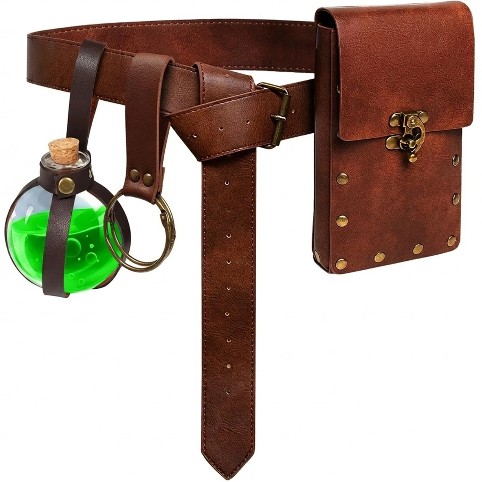 Medieval Viking Costume Accessories  Vintage Leather Belt with Fanny Pack Magic Potion Bottle  Skirt Adjustment Clip for Renaissance Fairs LARP Cosplay