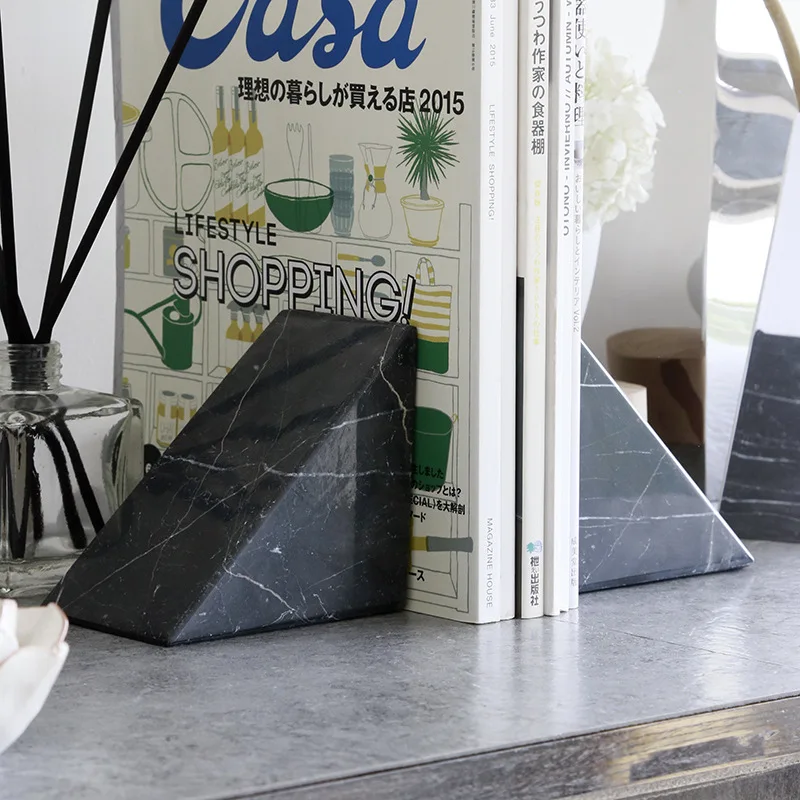 Natural Marble Stone Black and White Triangle Bookends Book Clip Simple Bookcase Model Room Decorative Ornaments