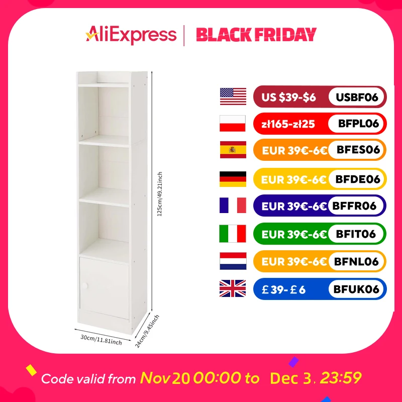 

Small Narrow Corner Bookcase - 49.21In Tall Freestanding Storage Cabinet, 4 Tiers Open Shelves Tower Rack with Door, Cubes Books
