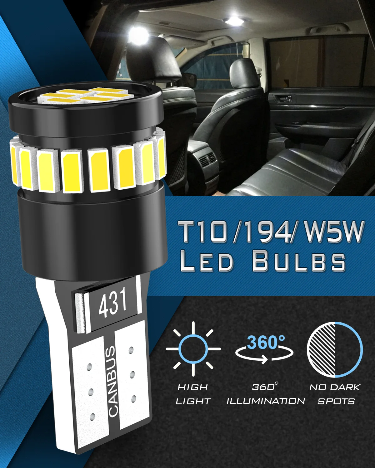 

4pcs T10 W5W Car Led Bulbs High Power 6000K White Canbus For Interior Dome Map Reading Lights For Toyota Camry Corolla RAV4 Blue