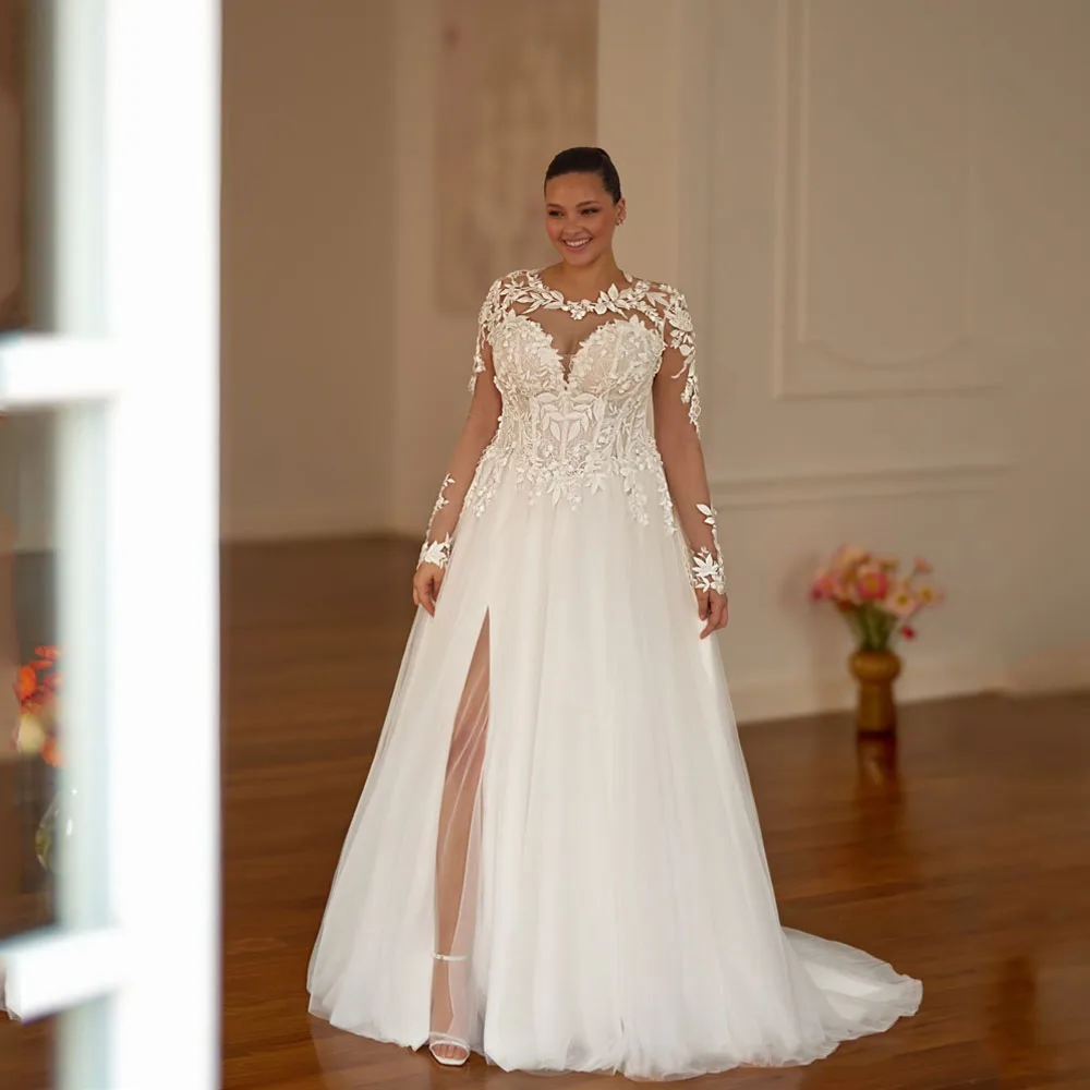 MCDV dentelle chérie fendu robe De mariée grande taille mariée hors épaule Applique a-ligne balayage Train robes De Novia personnalisé