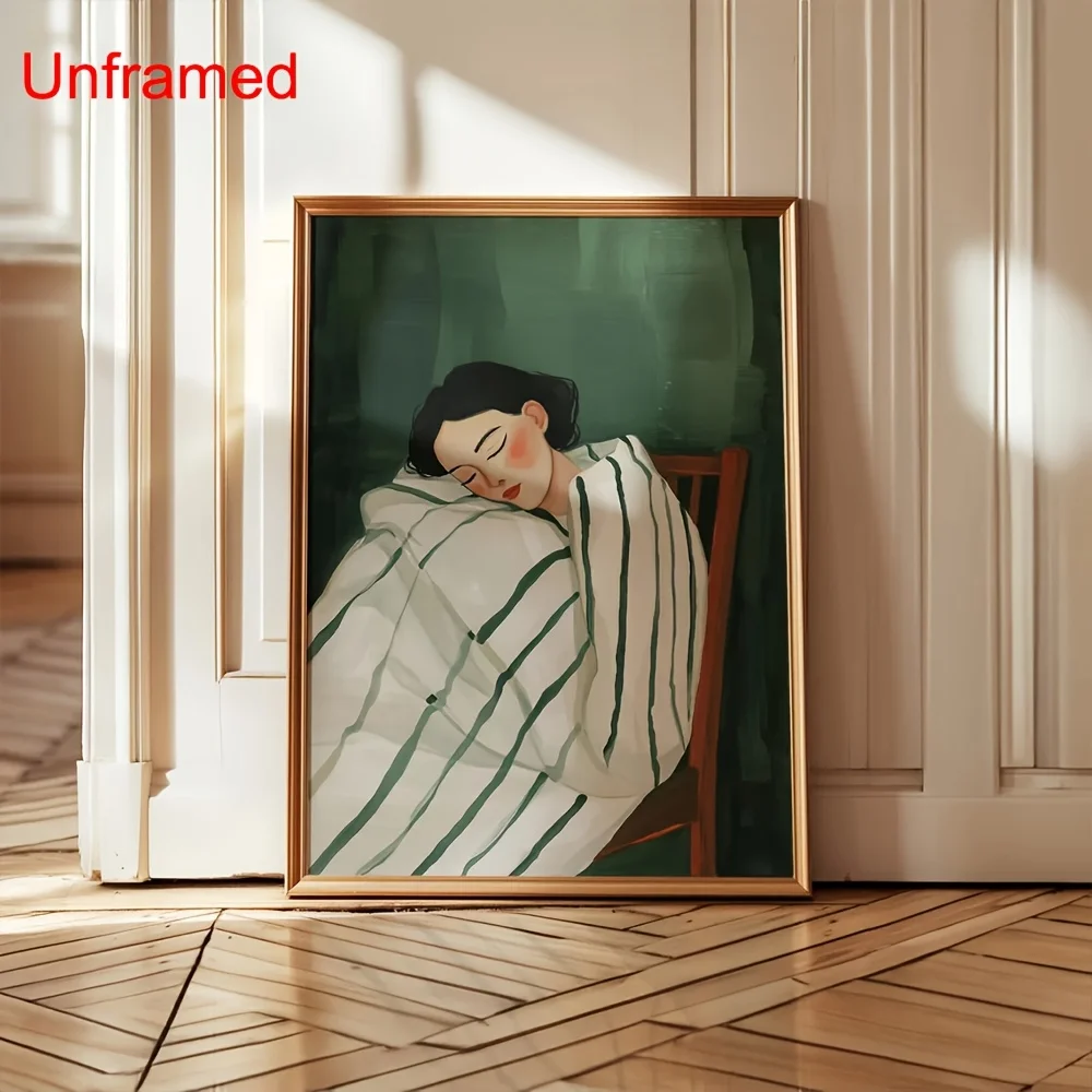 No Framed Vintage Green Striped Sleeping Woman Canvas Poster Cozy Mid Century Feminist Abstract Trendy Wall Art Print Minimalist