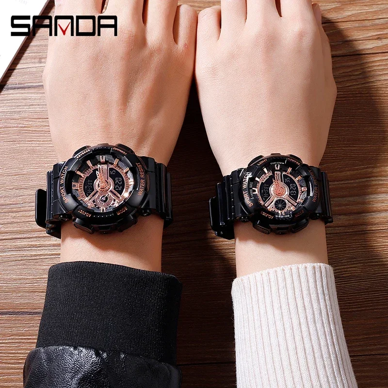 SANDA 2023 New Fashion Multifunctional Classic Couple Watch Dual Display Watch HD LED Luminous Waterproof Watches Reloj Hombre