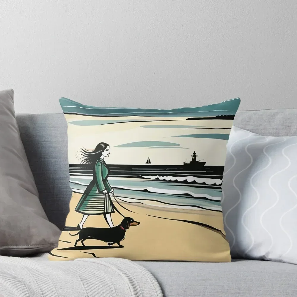 A girl walking on the seashore with a dachshund dog. Throw Pillow Sofas Covers pillow