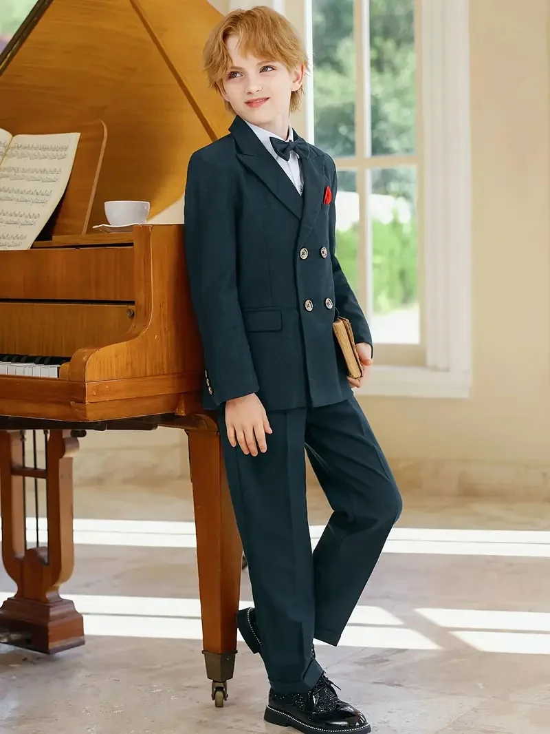 Boys Green 4Pieces Suit Set With Jacket Pants Vest Bowtie For Performances Weddings Birthday Parties And Graduation Ceremonies