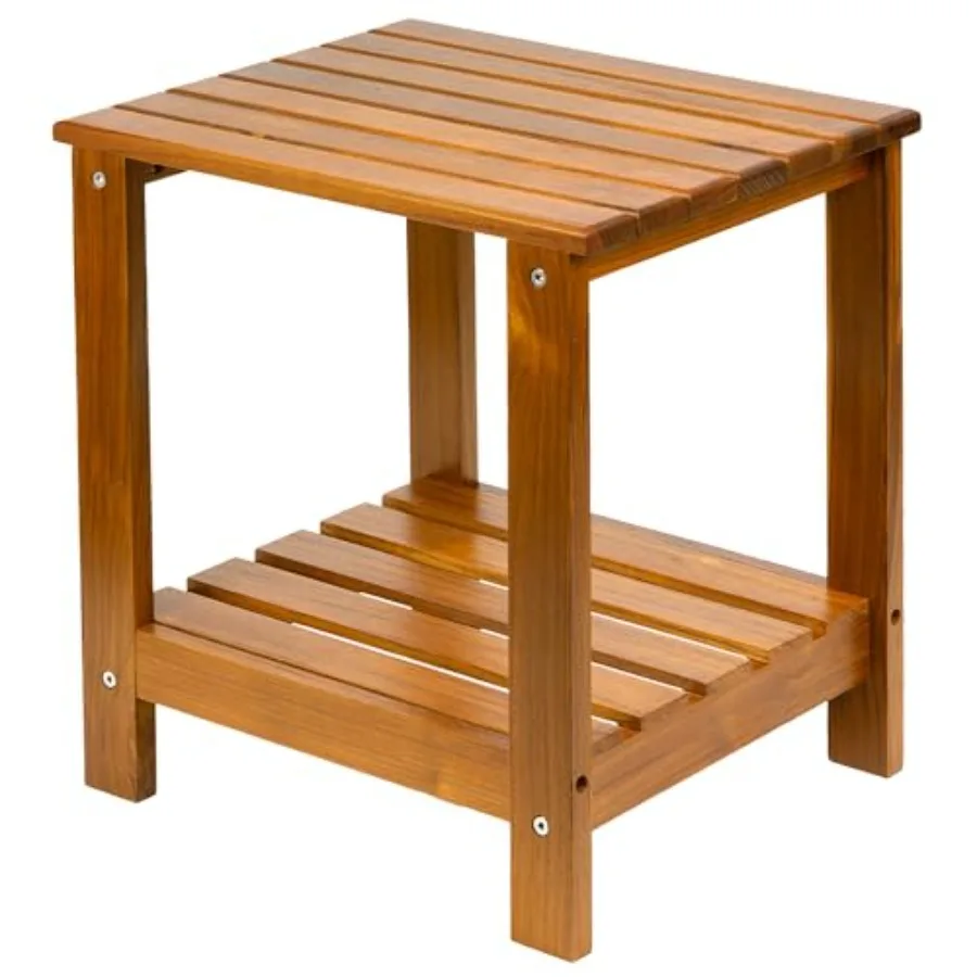 

Solid Teak Wood 2-Tier End Table with Storage Shelf - Small Space Side Table for Bathroom Living Room Bedroom - Shower Corner C