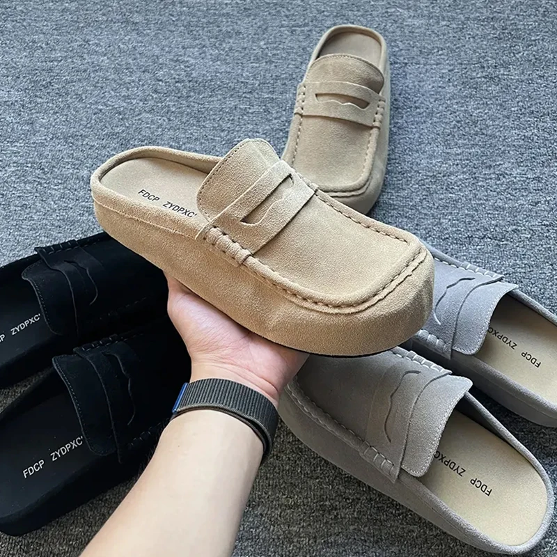 

Flat Bot Flip Flops with Turned Nubu Leather Square Head Mules Slip on Casual Vintage Covered Head Loers for Men