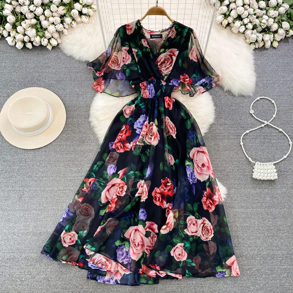 New Summer Vintage Black Floral Printed Chiffon Long Dress Elegant V Neck  Short Sleeve High Waist A Line Maxi Vestidos Female - AliExpress 200000345