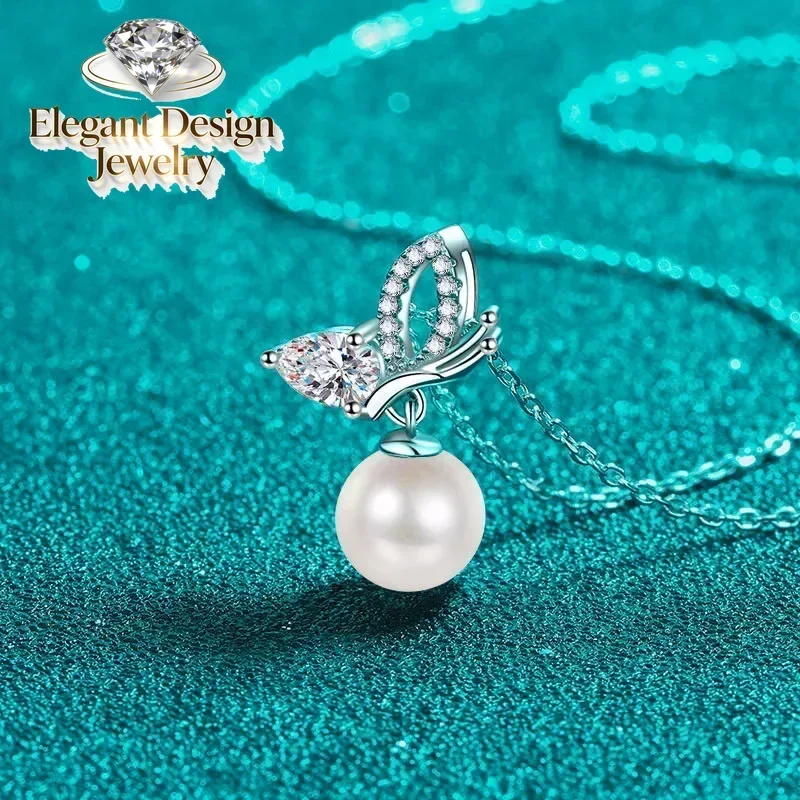Elegant-Design 0.56ct Moissanite Diamond Butterfly Pendant, Sweet 8mm Freshwater Pearl PT950 Platinum Necklaces Girl Jewelry