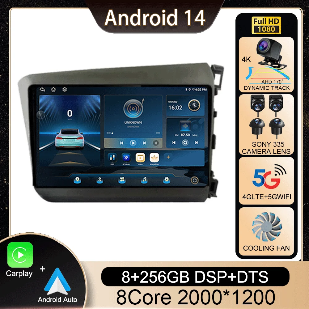 

Android 14 Carplay AutoCar Radio For Honda Civic 2012 2013 2014 2015 RHD Multimedia Video Player Stereo GPS Head Unit WIFI+4G BT