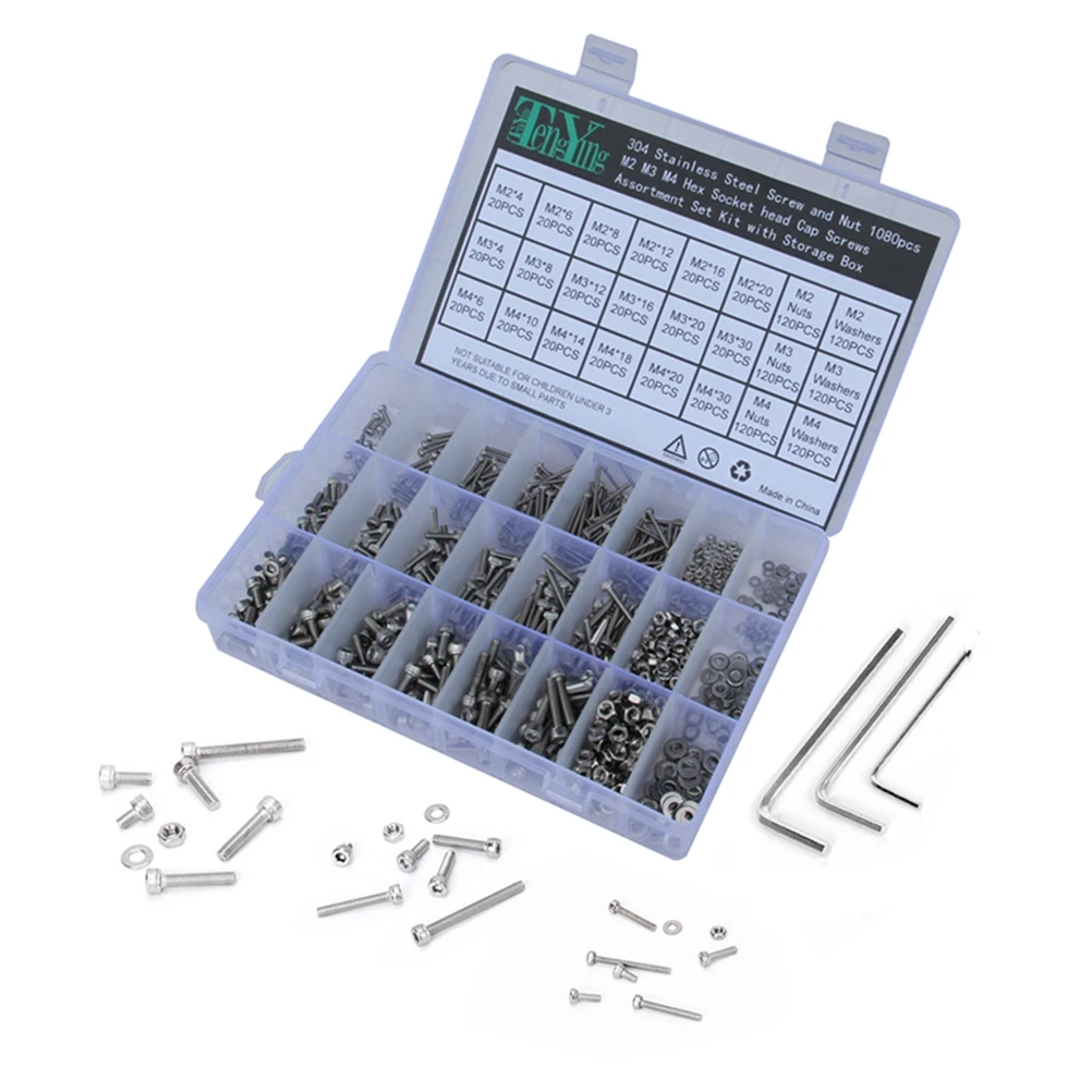 

1080pcs 304 Stainless Steel Screw Nut Washer Set Hex Socket Head Screws Assortment Kit With Storage Box Heat Resistant Rustproof