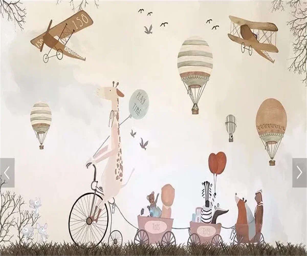 Custom Size Wallpaper Cartoon Hot Air Balloon Blue Sky Cloud Animal Background Mural Home Decoration Kindergarten 3D Wallpaper