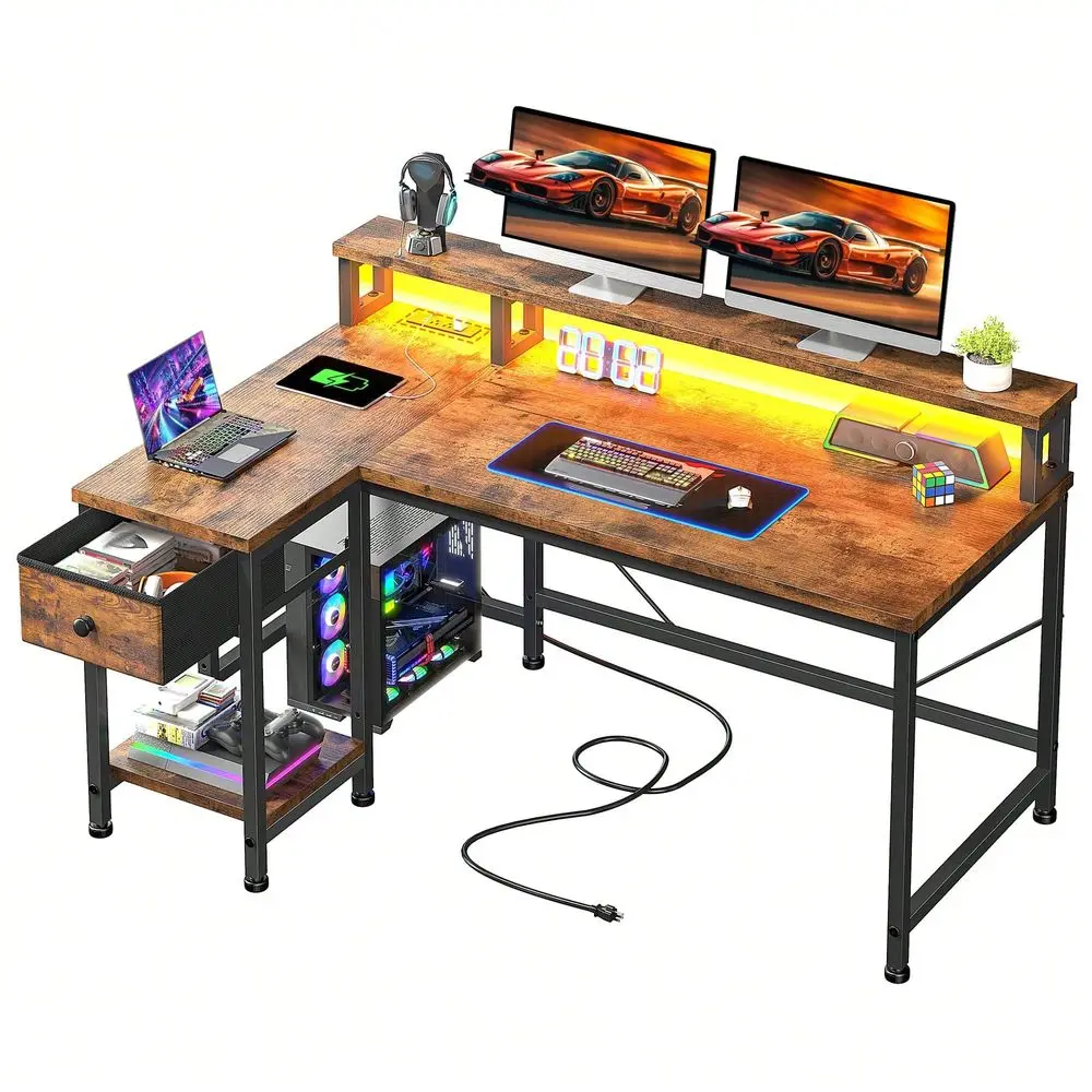 Brown L Shaped Gaming Desk With Power Outlet,Computer Desk With LED Lights Drawer,Home Office Desk With Ergonomic Monitor Stand