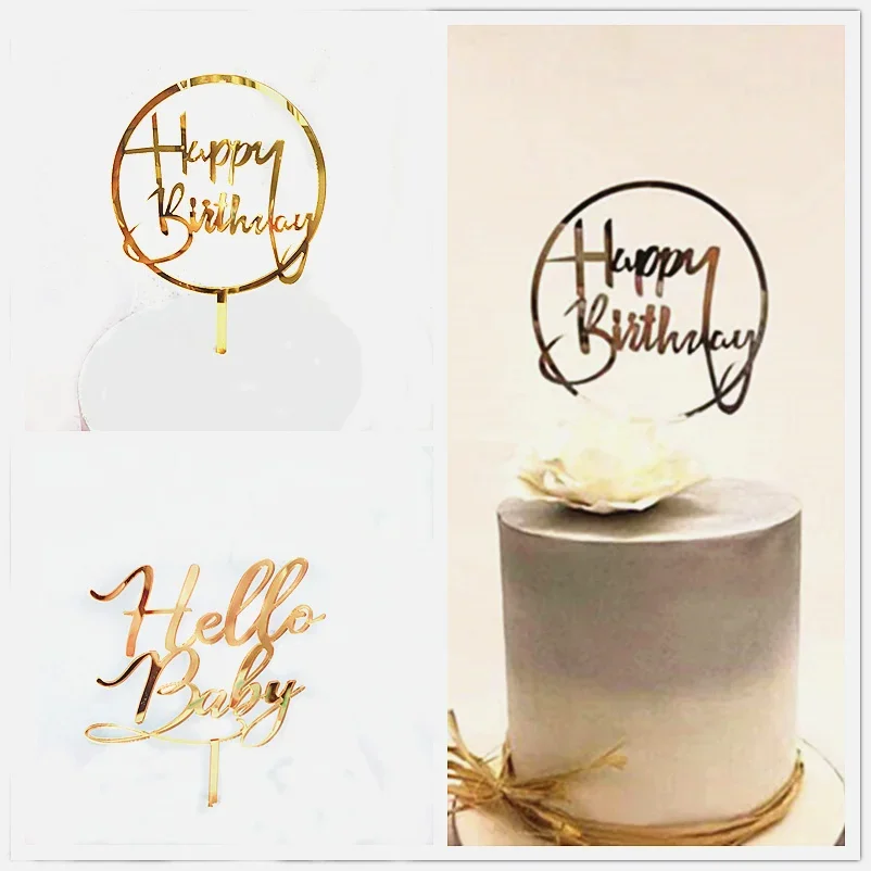 New Wine Glasses Happy Birthday Cake Topper Gold Acrylic Kids Party Cake Topper Decorations for Baby Shower Gift Baking Supplies
