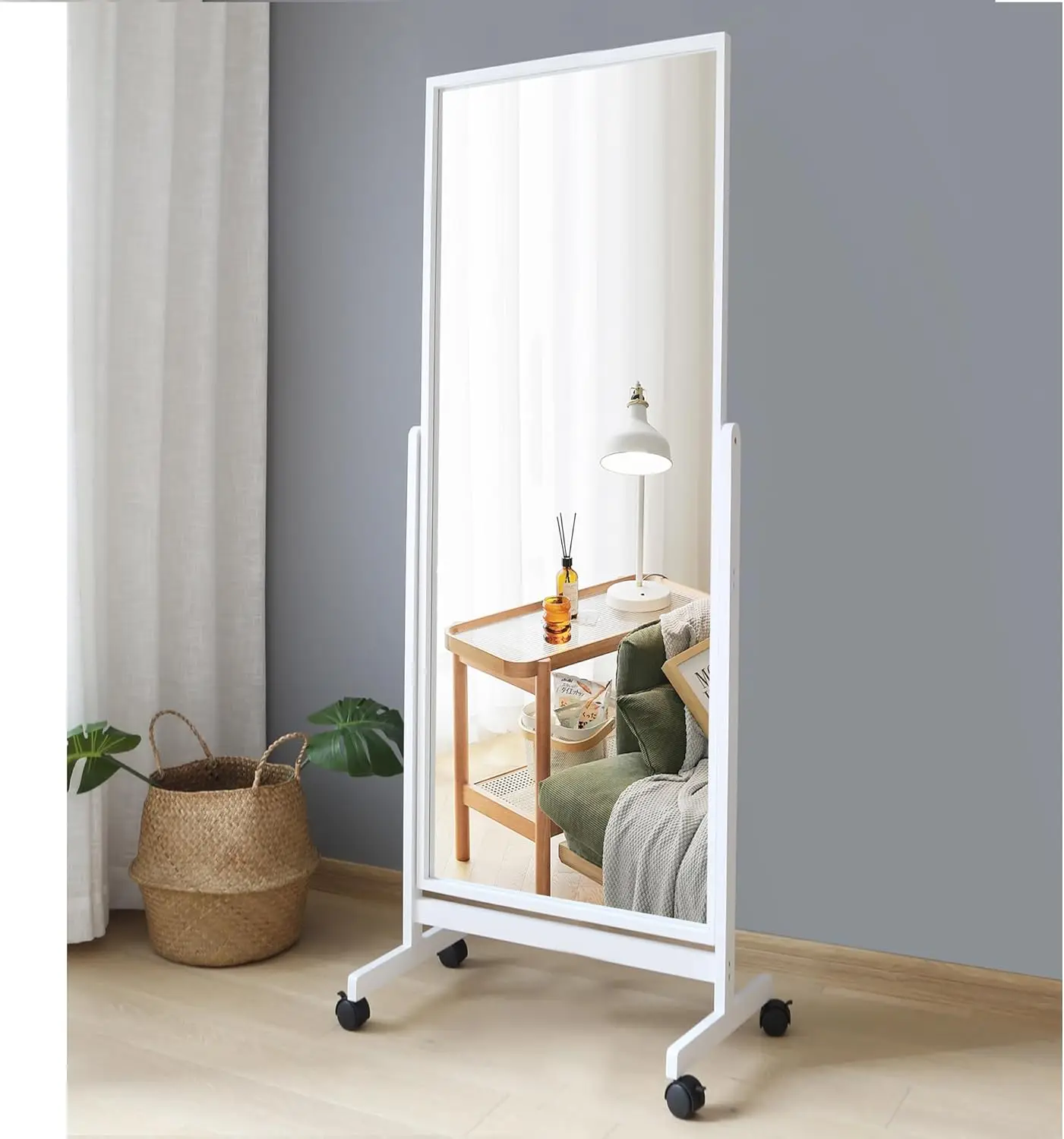 Adjustable Full Length Mirror on Wheels, Pine Wood Frame Cheval Bedroom Floor Dressing Body with Standing H