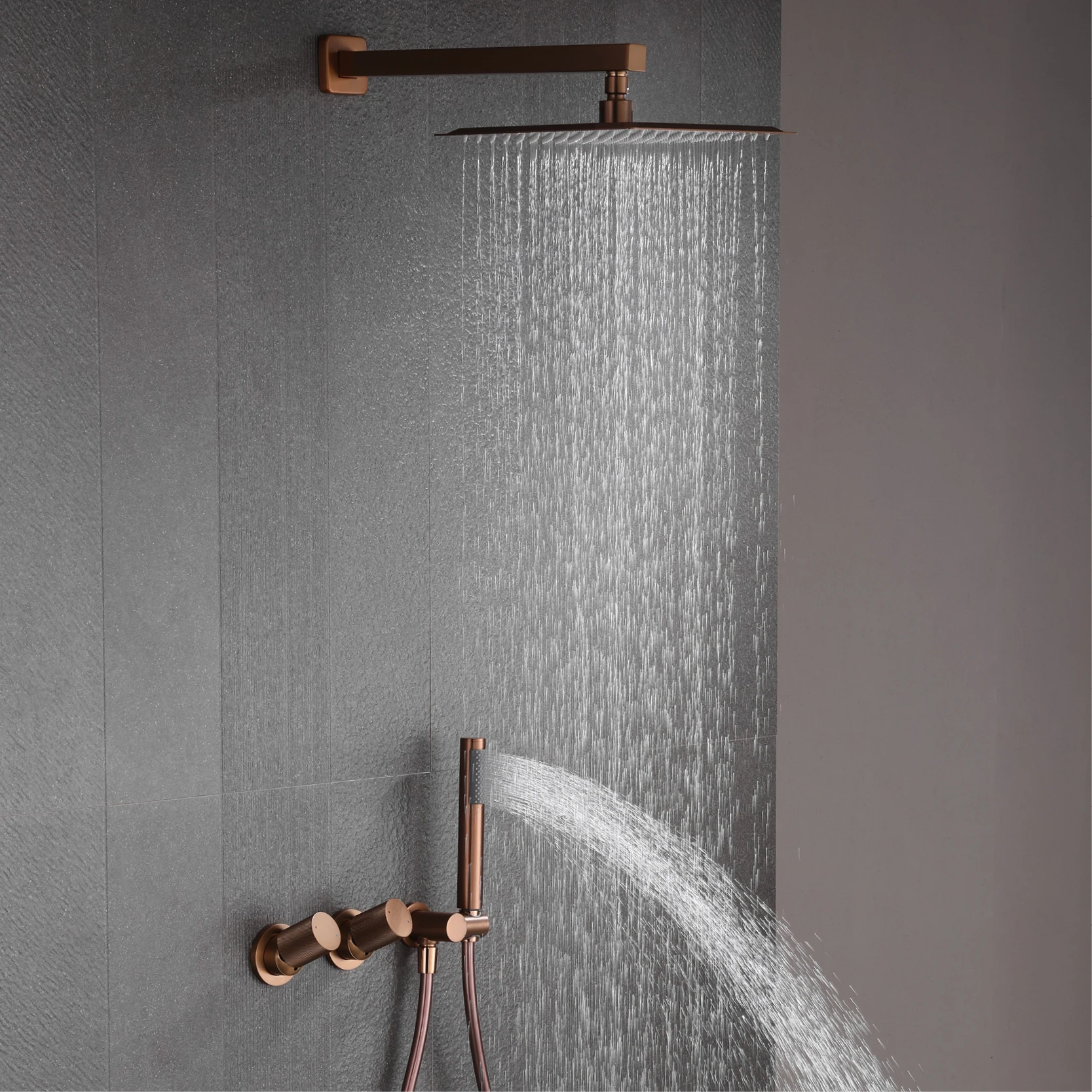 Luxury Bathroom Brass Gun Grey Wall-Mounted Shower System 2 Function Embedded Bath Mixer Tap Dual Spray Rainfall/Handheld