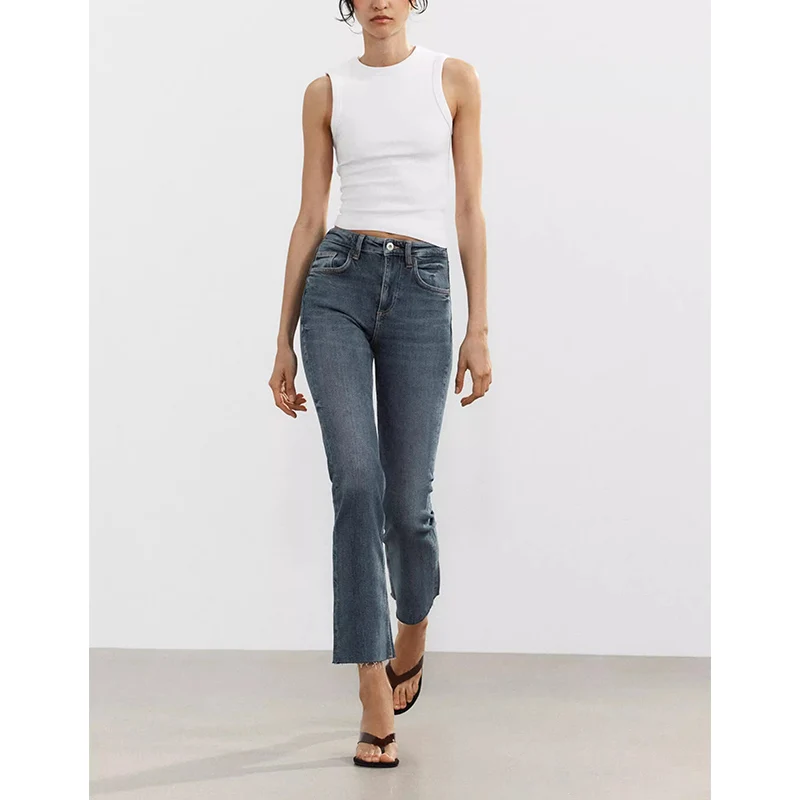 Cintura alta tornozelo comprimento sino bot jeans feminino casual sle botão de metal cinco ket design verão faion senhoras jeans