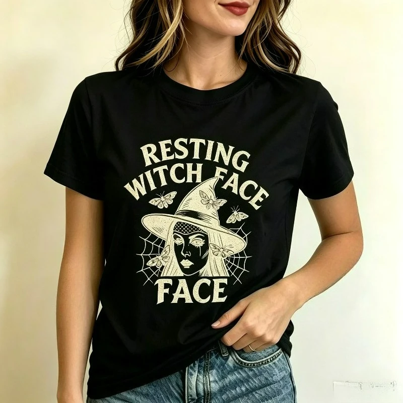 RESTING WITCH FACE Witch Graphic Women T-Shirt 100% Cotton Tee For Vintage Halloween Casual Wear