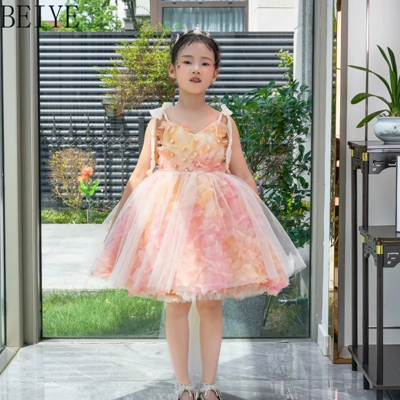 Fairy Three Dimensional Flower Girls Princess Dress Suspender Tutu Birthday Dress Children Host Performance Sweet Dress