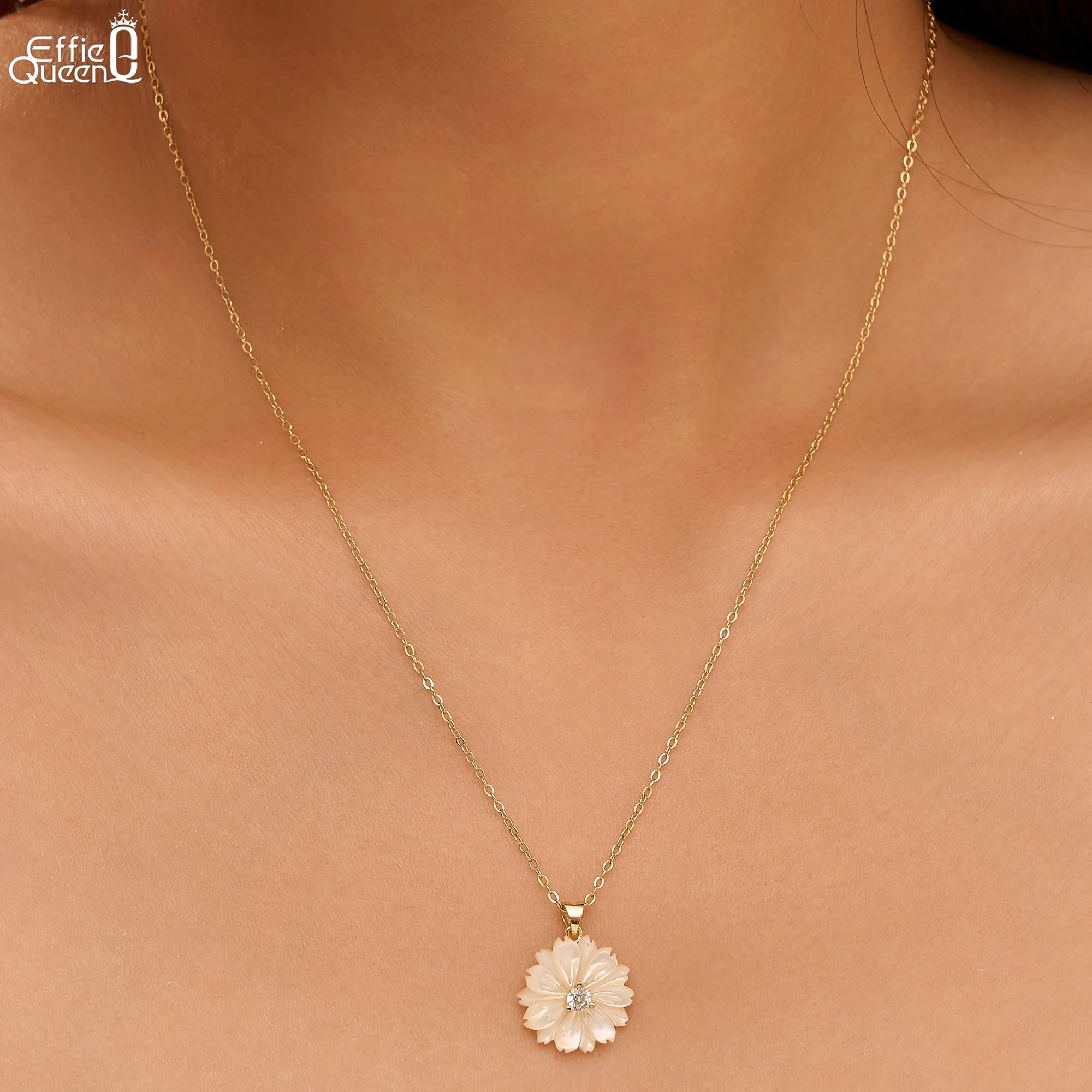 

Effie Queen 925 Solid Sterling Silver 14k Gold Flower Shaped Shell Pearl Pendant Necklace Natural Jewelry for Women Party PSN15