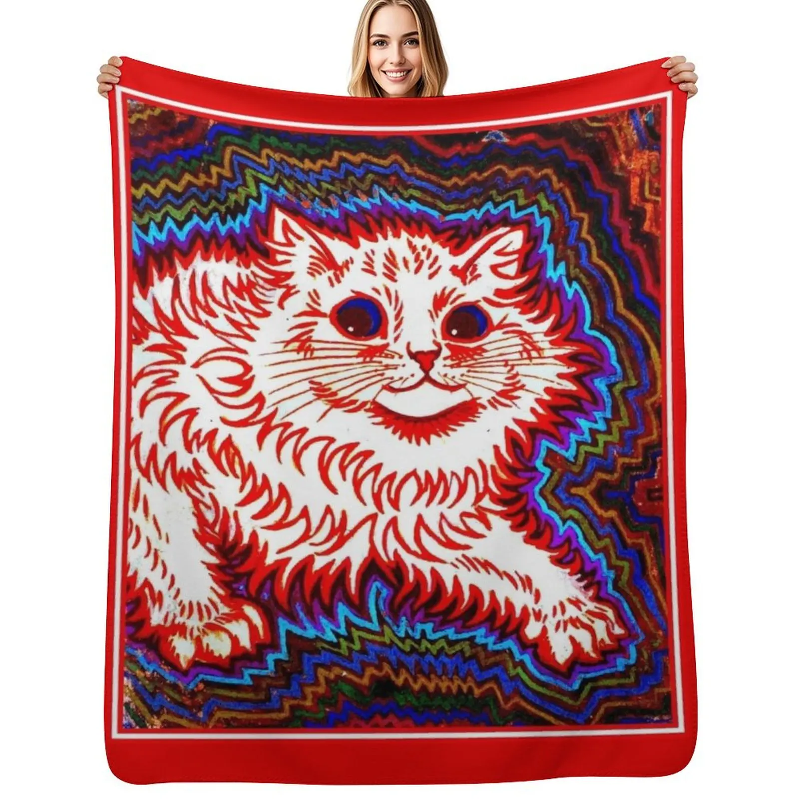 

ORANGE CAT : Vintage Louis Wain Abstract Psychedelic Print Throw Blanket Thins Multi-Purpose Flannel Fabric Blankets