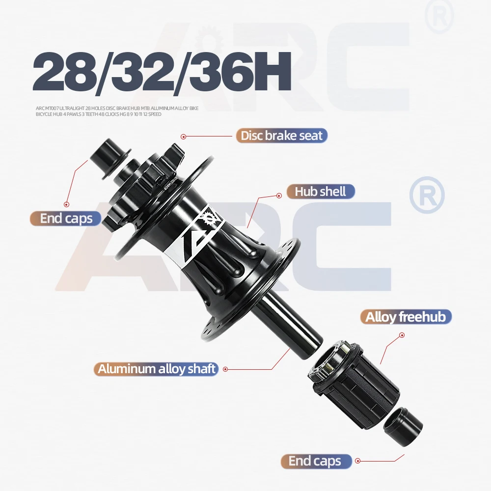 ARC 32H Mountain Bike Wheel Hub, Front 9x100, 15x100, 12x100, Rear 10x135, 12x142 Wheel Rim Hub, 4 Pawls, 48 Clicks, HG K7, 12V